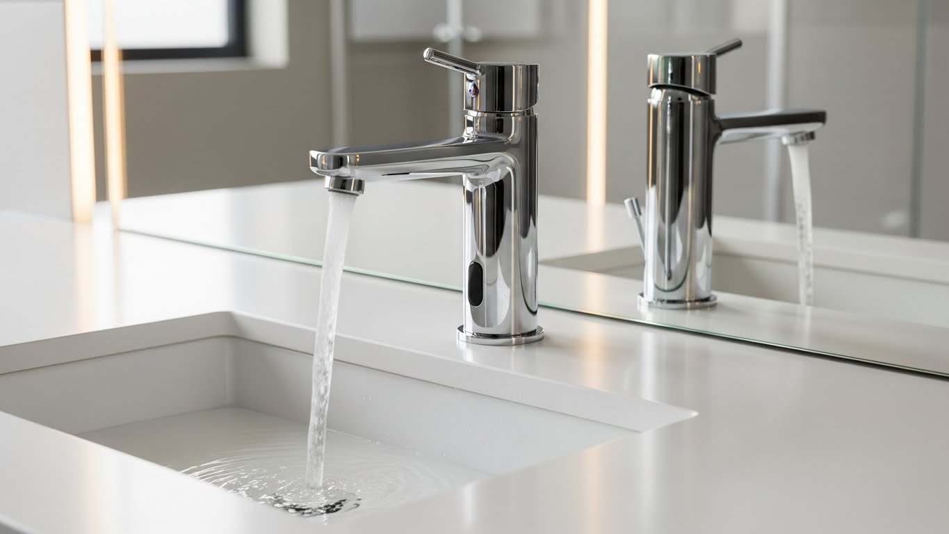Touchless bathroom faucets in a modern commercial restroom