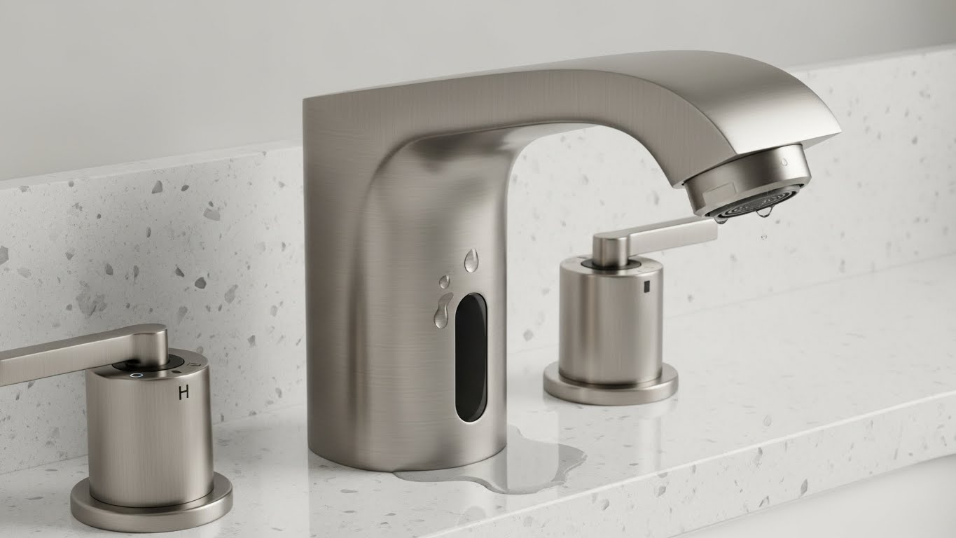 A close up of a touchless faucet