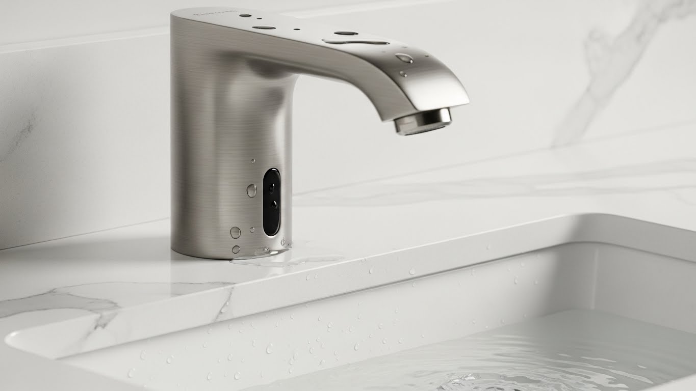 Finish and material closeups on a touchless bathroom faucet