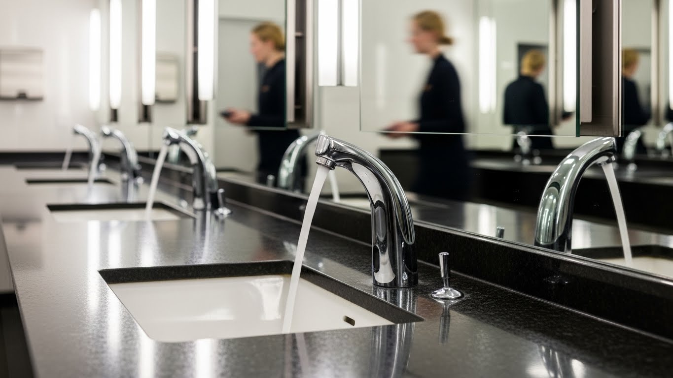 Touchless faucet in a high traffic commercial restroom