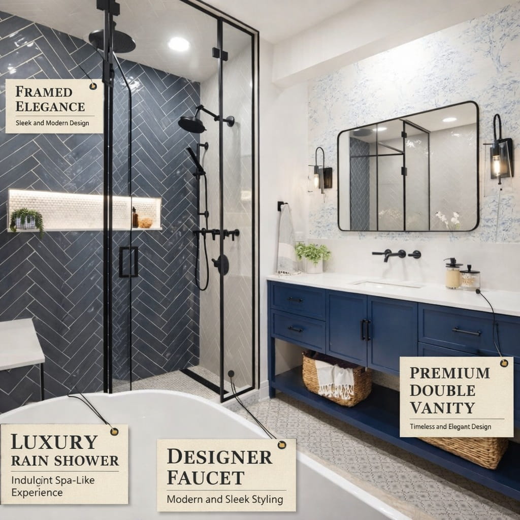 Modern bathroom interior showing coordinated fixture placement and architectural planning
