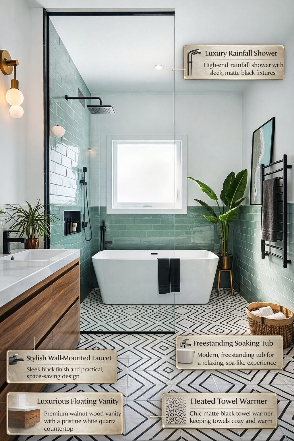 Luxury restroom interior used to study fixture coordination, materials, and spatial design