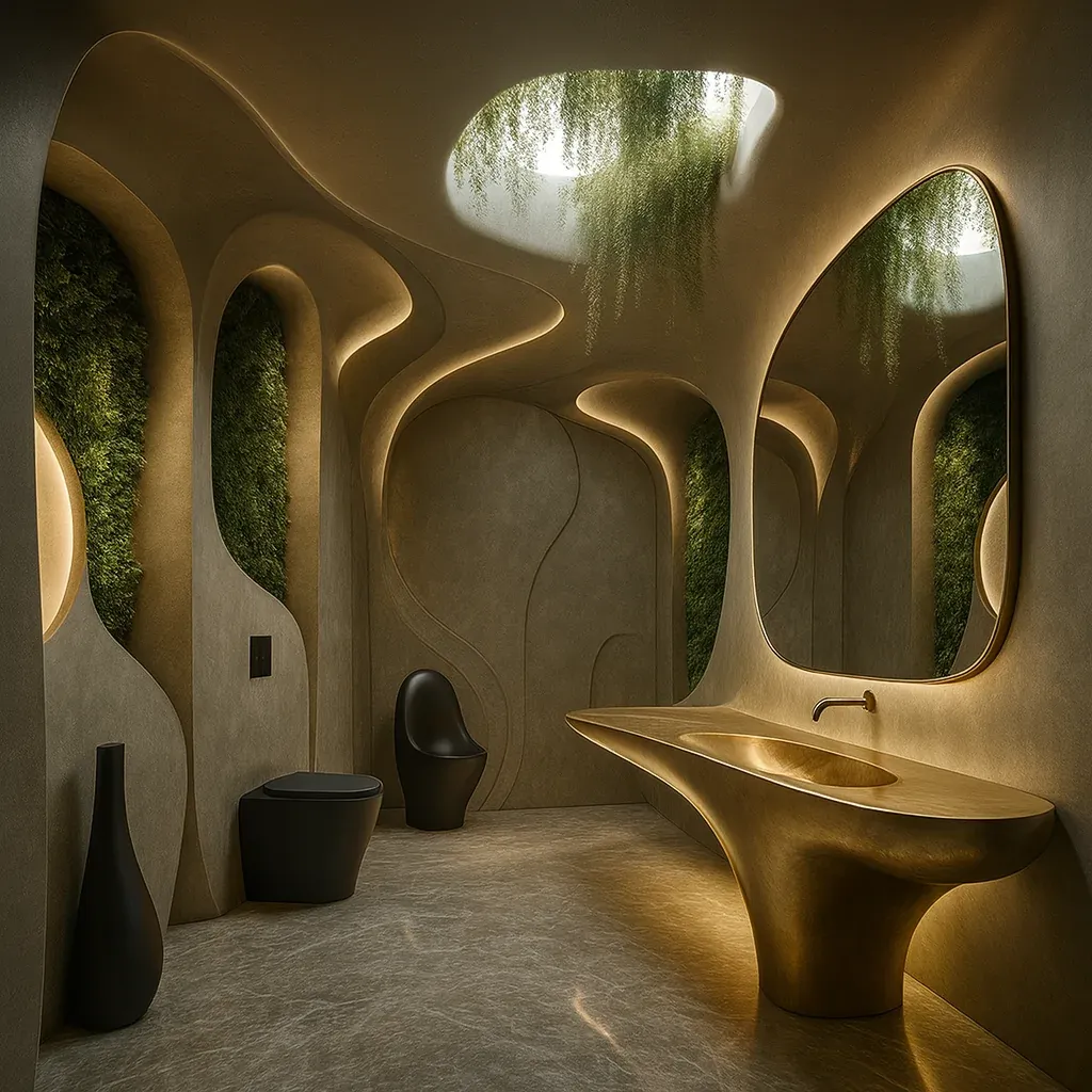 Organic modern bathroom with sculpted vanity sink, warm lighting, and biophilic green wall skylight