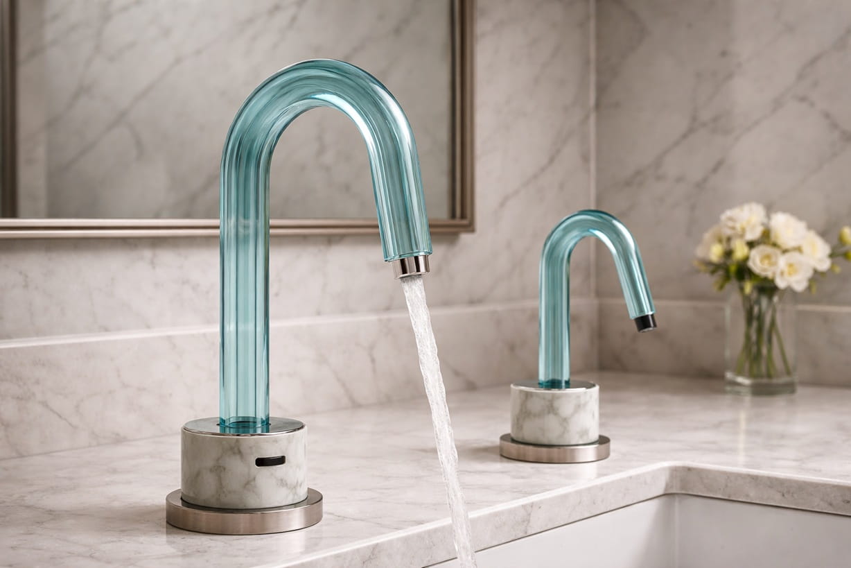 Integrated touchless faucet and soap dispenser system in a commercial restroom environment