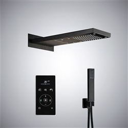 Matte black shower system installed in a modern bathroom with clean tile design