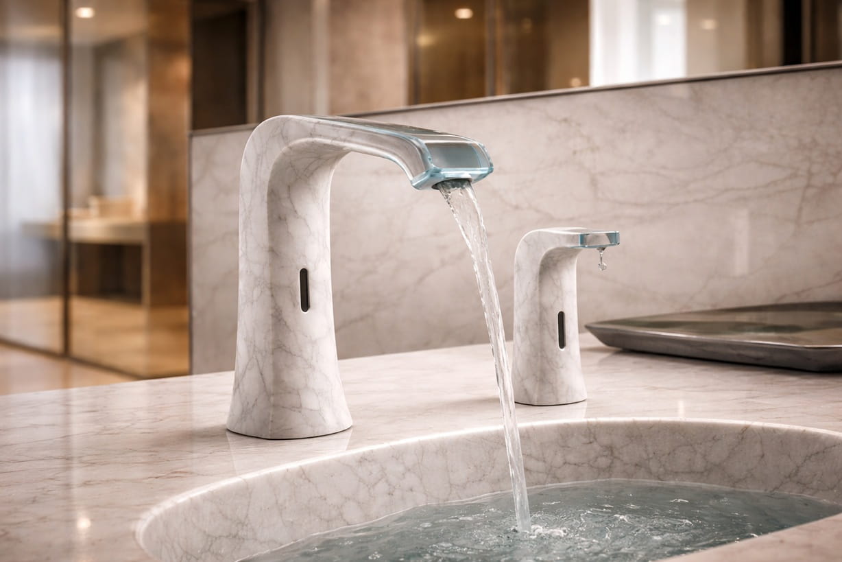 Elegant marble bathroom faucets with polished gold accents set against luxurious marble surfaces, creating a refined and spa-like atmosphere