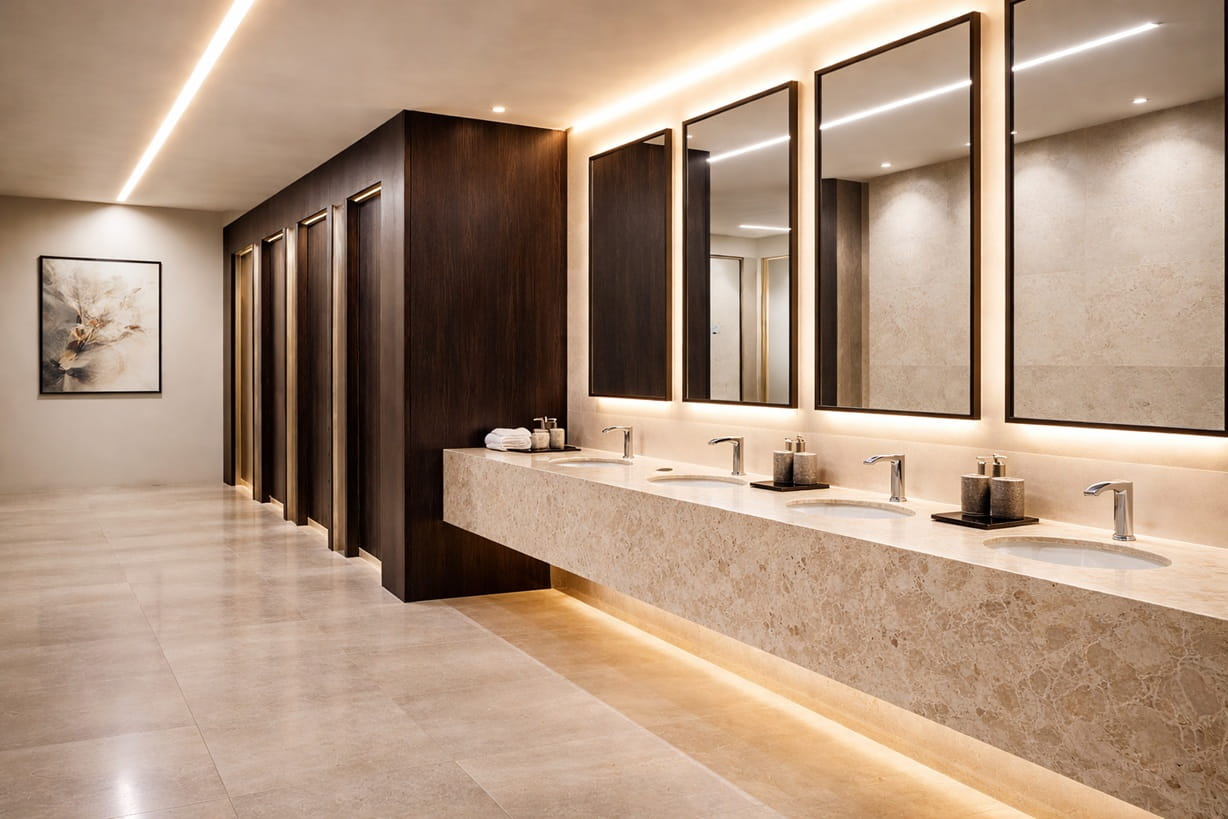 Elegant restroom featuring a marble vanity with dual sinks, refined fixtures, and a clean, upscale design aesthetic