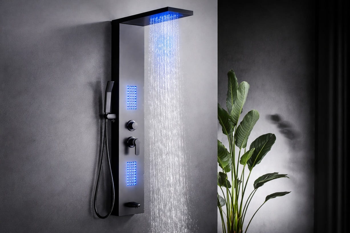 Commercial restroom fixtures supporting LEED WELL and Fitwel certification compliance with touchless faucet and soap dispenser