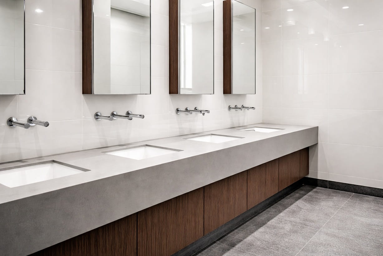 Modern bathroom with a sleek minimalist design, featuring clean lines, contemporary fixtures, and a bright, uncluttered layout