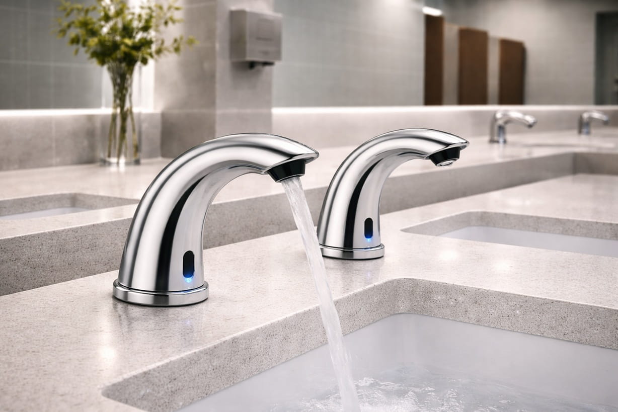 Commercial touchless faucet with infrared sensor installed in a high-traffic public restroom