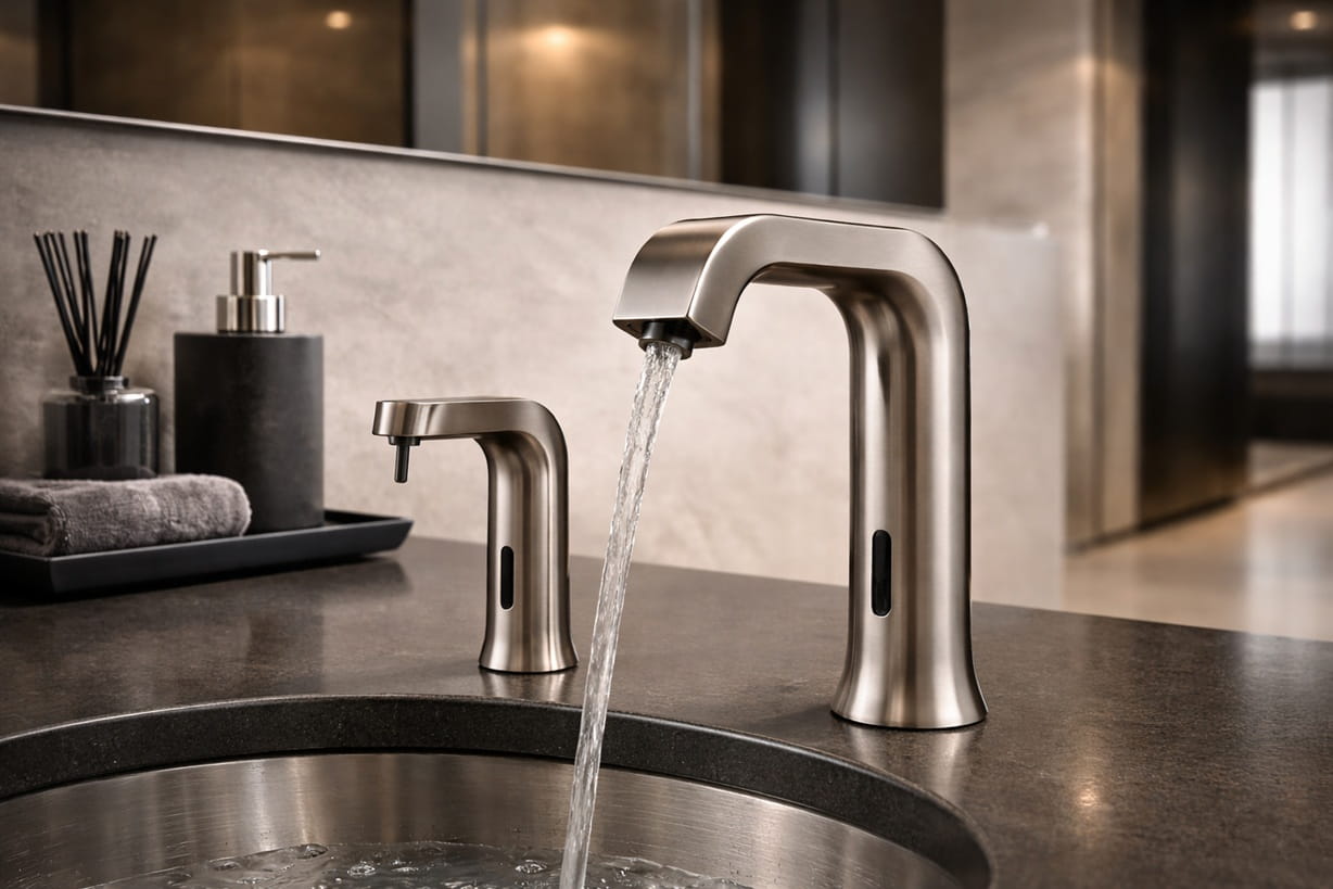 Sleek modern bathroom faucets and accessories with minimalist design, clean lines, and a contemporary polished finish
