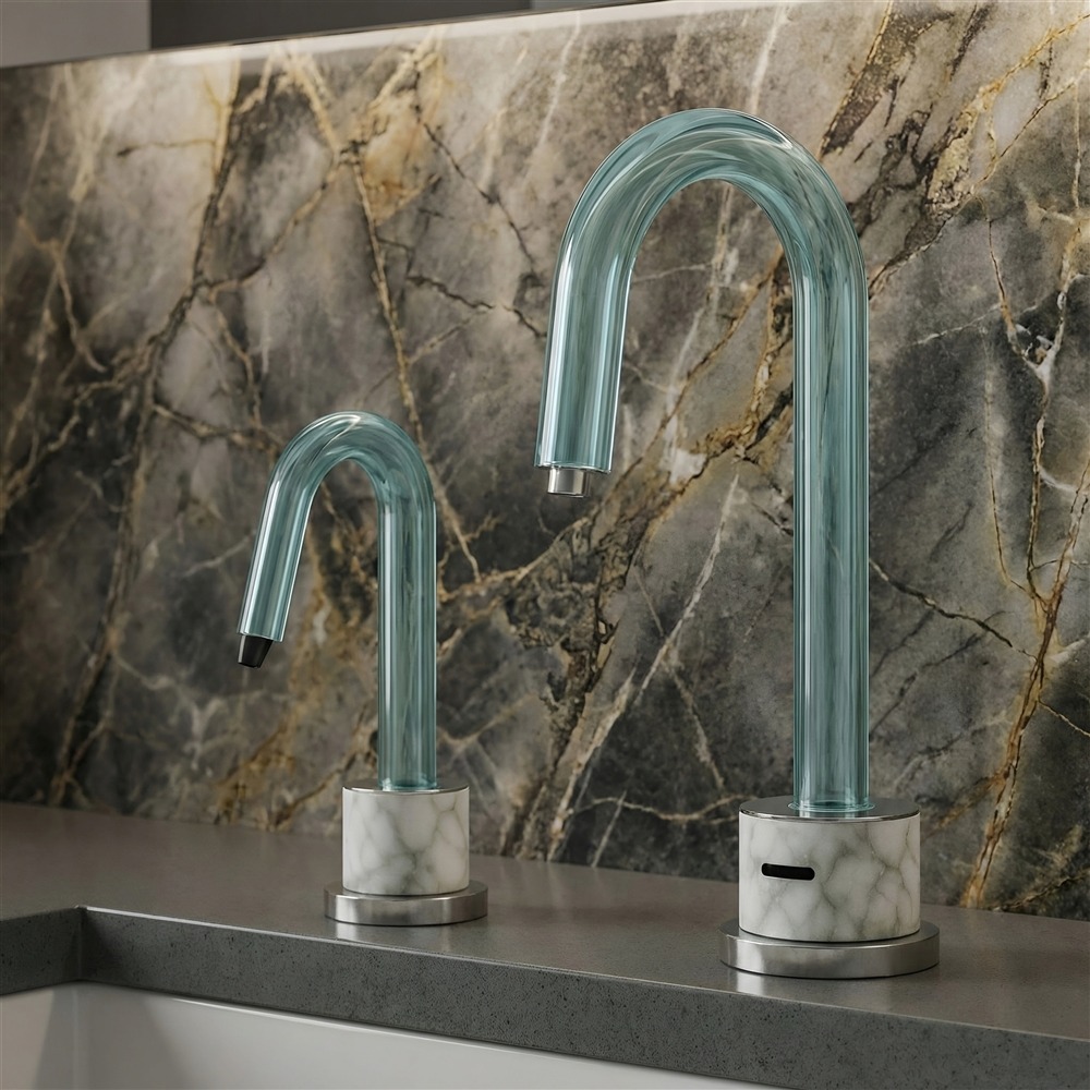 Luxury hotel restroom with architectural touchless faucets and coordinated modern finishes