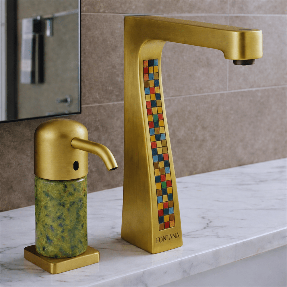 Close-up comparison of commercial touchless faucet sensor windows and spout designs