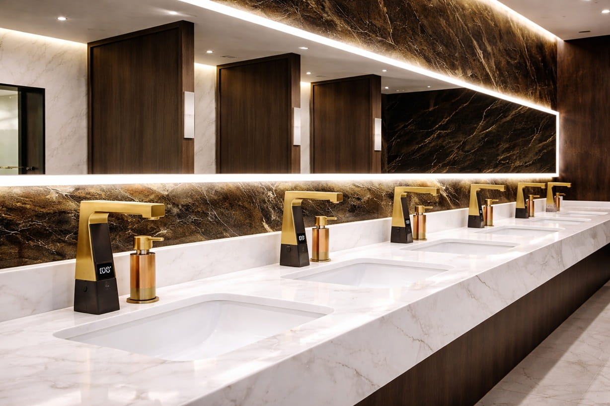 Low flow touchless faucet reducing water use in a public restroom