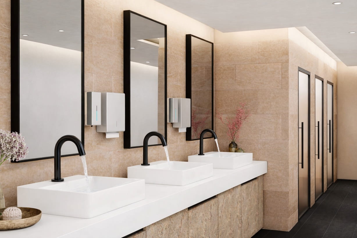 Hand approaching a sensor activated commercial faucet