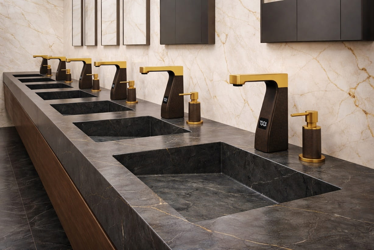 Minimal touchless faucet in a clean institutional sink environment