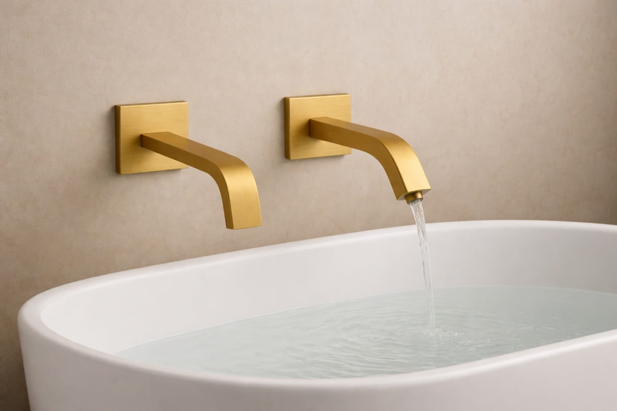 Close-up of modern commercial faucet finishes including matte and brushed metal surfaces