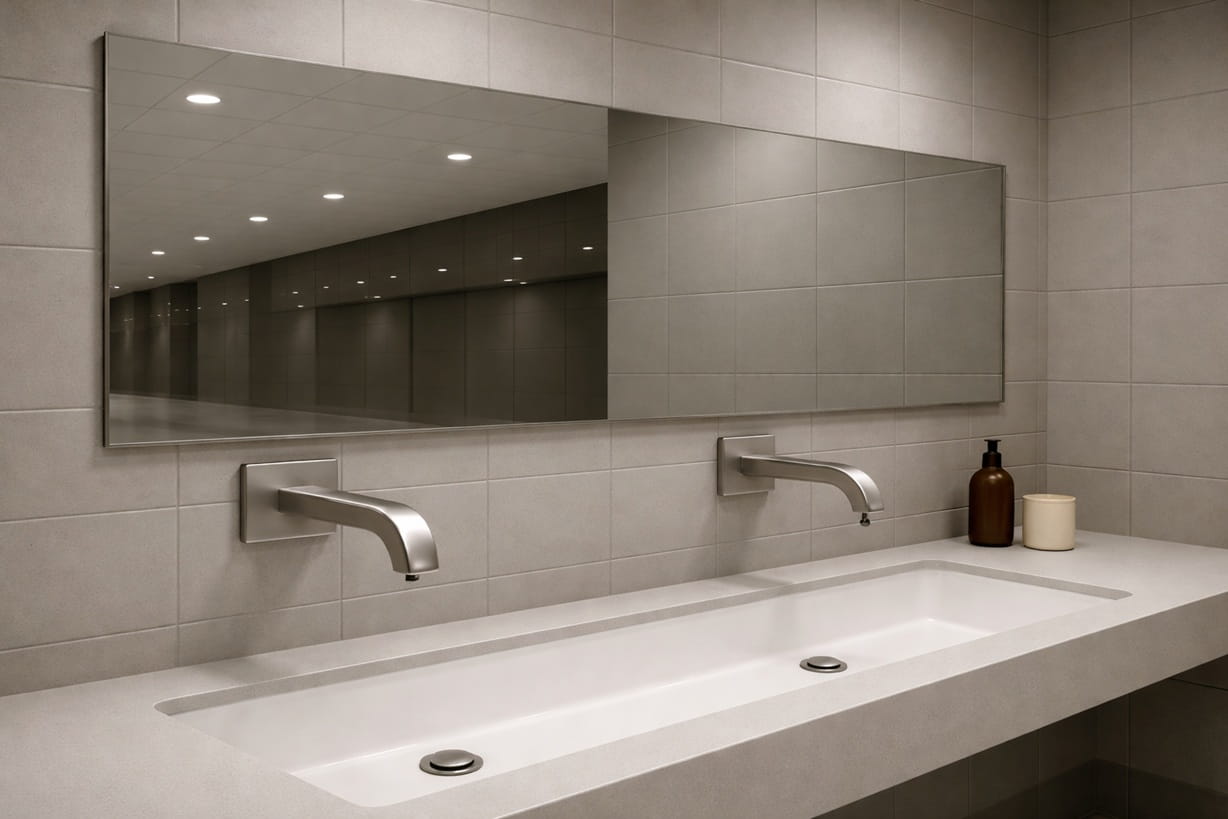 Stadium arena restroom flooring and partition reference