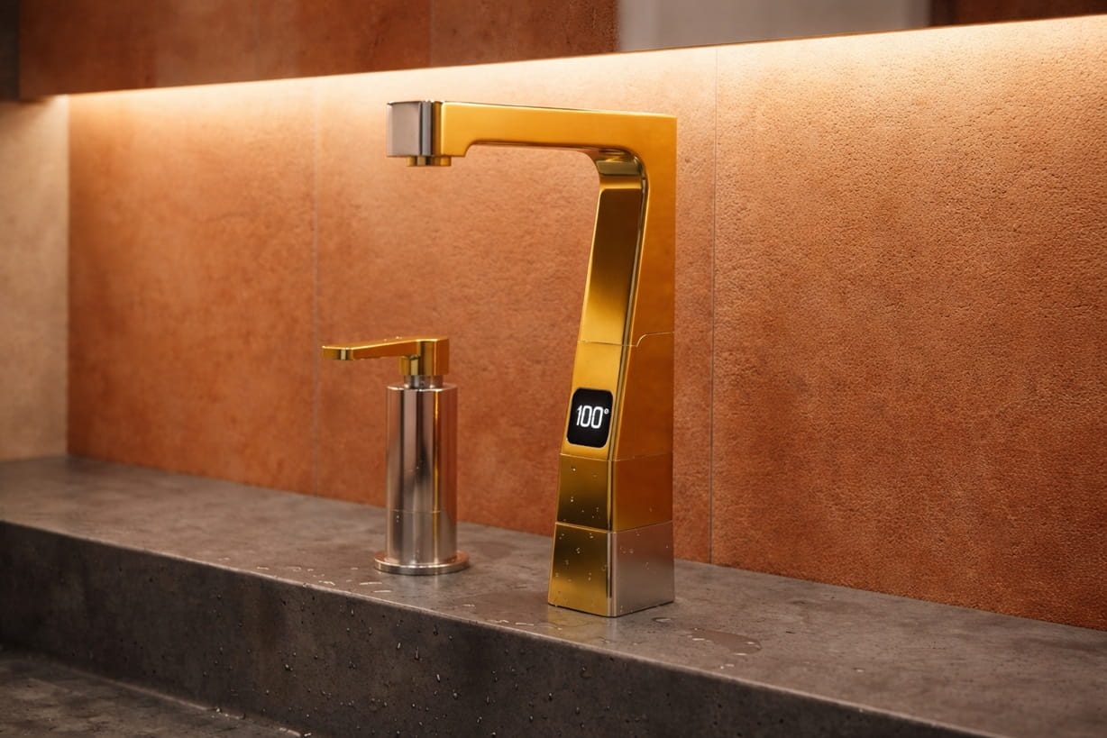 Premium commercial restroom designed with contemporary touchless faucets