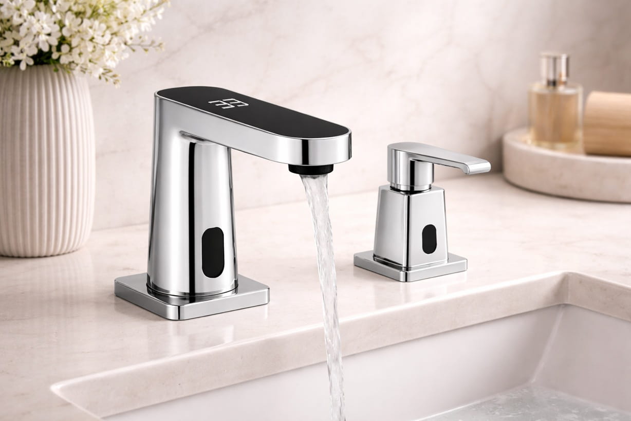 Minimalist architectural bathroom design with integrated modern faucet system in London residence