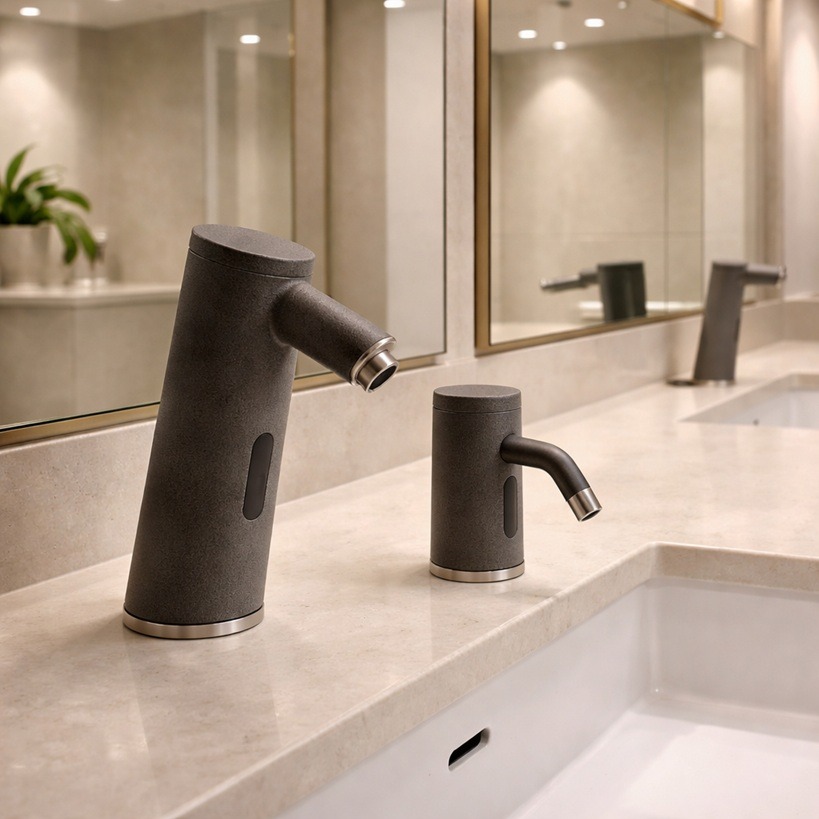 Hands activating a commercial touchless faucet with controlled water flow in a public restroom