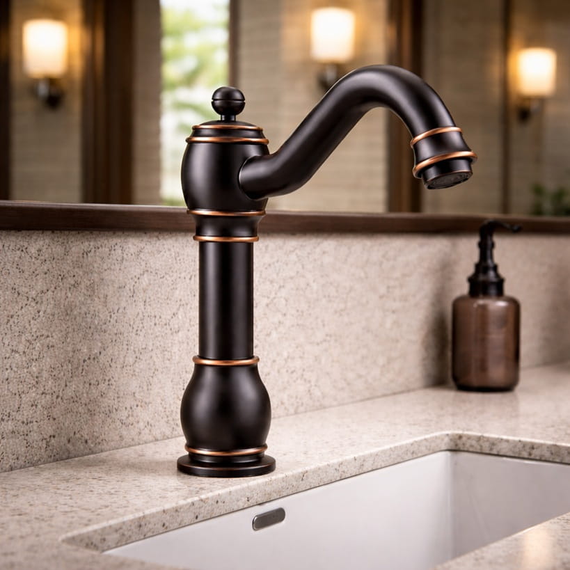High-traffic airport restroom with rows of commercial touchless faucets for durability comparison