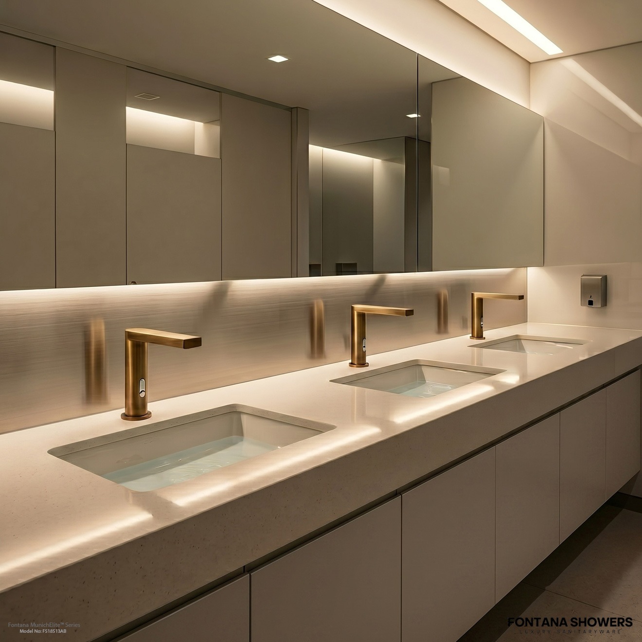 Modern stadium restroom trough sink with chrome touchless faucets