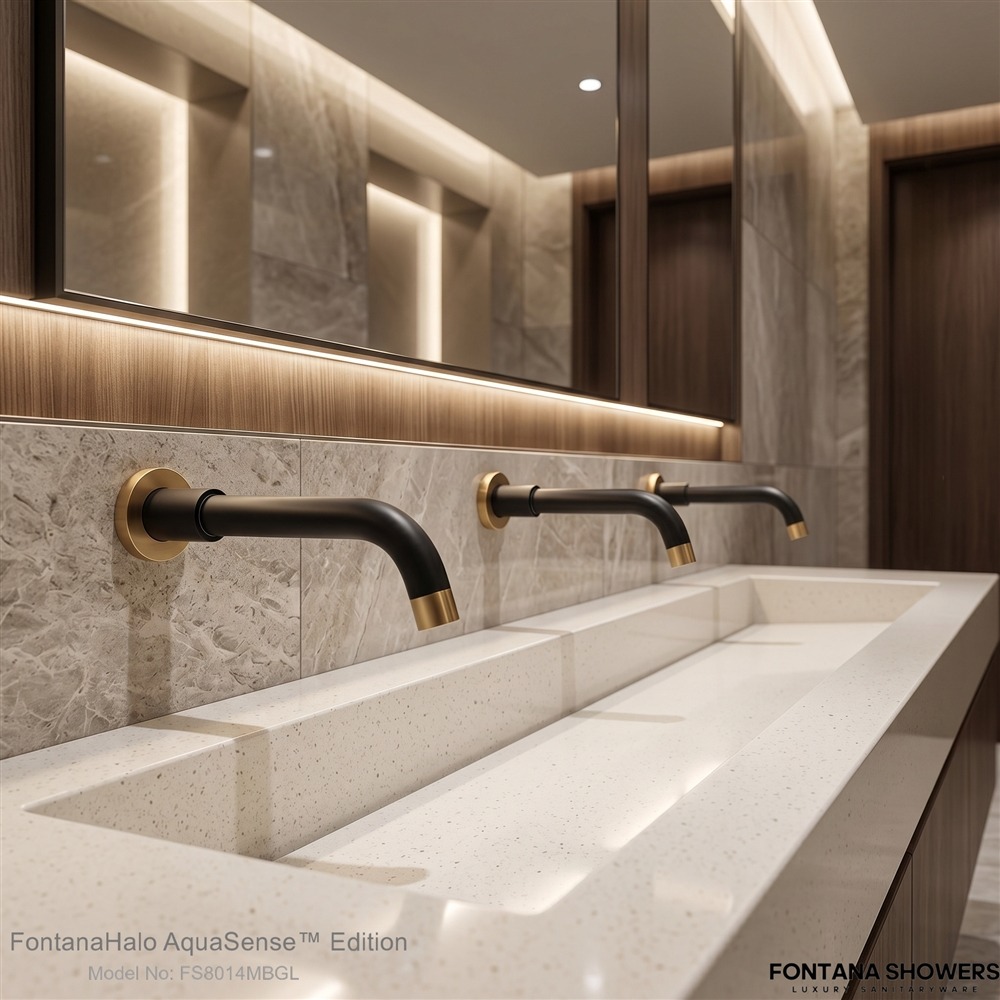 Architectural commercial restroom fixture installation with durable faucet profile