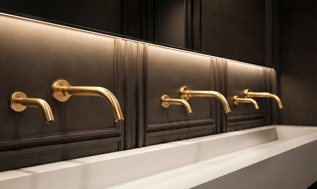 A row of brushed gold wall-mounted faucets installed above a white trough sink in a contemporary commercial restroom with dark paneled walls and integrated LED lighting.