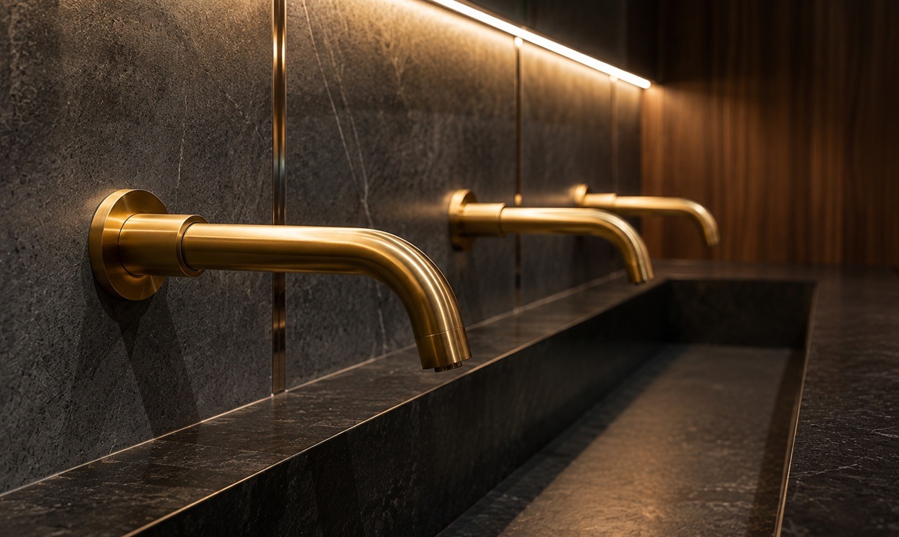 Brushed gold wall-mounted faucets installed above a black marble trough sink in a luxury commercial restroom.