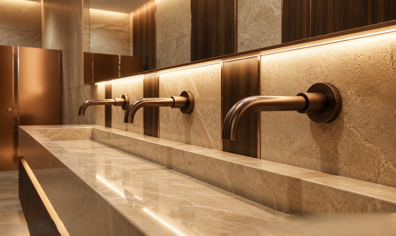 FontanaHalo AquaSense rubbed bronze wall-mounted faucets installed above a marble trough sink in a luxury commercial restroom.