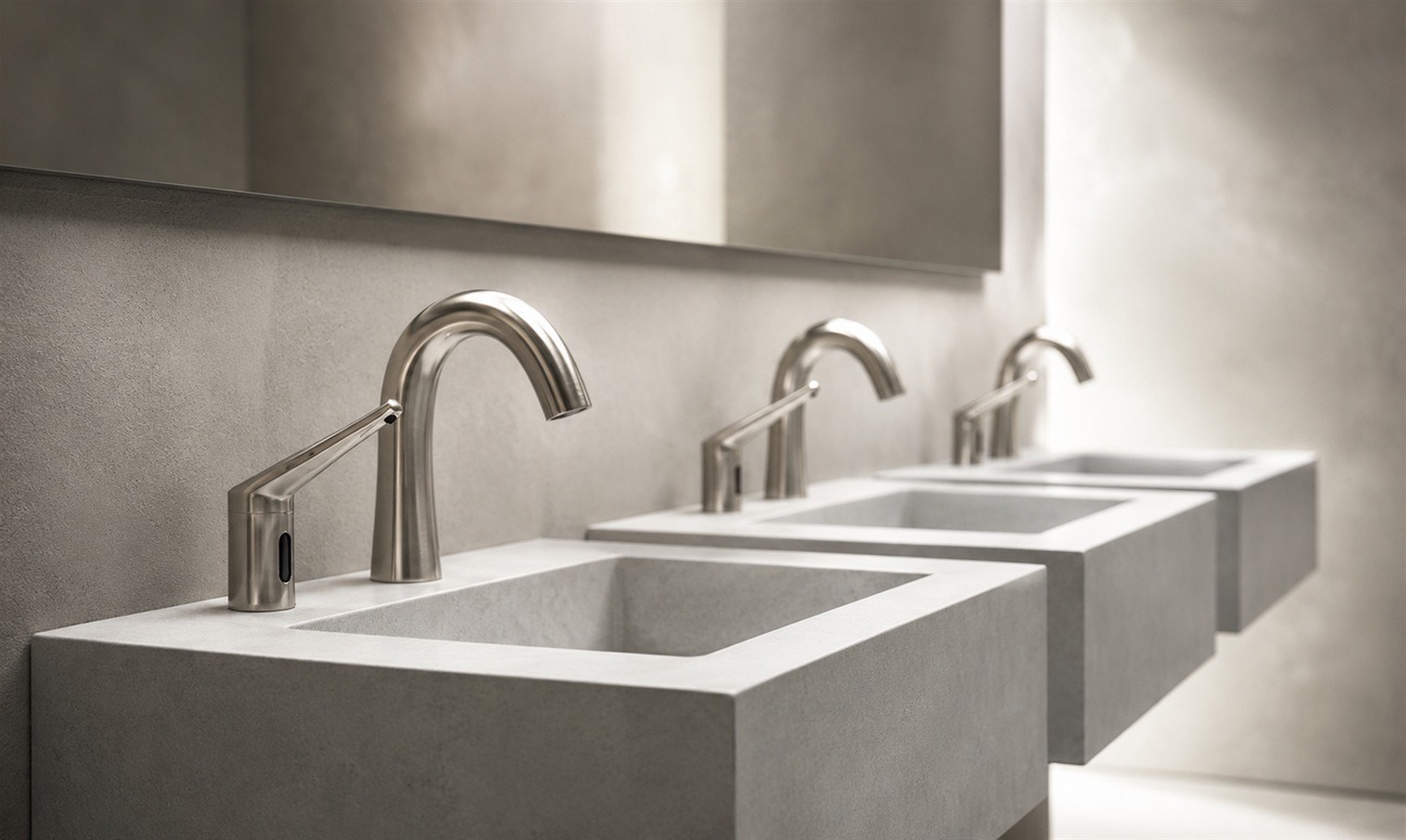 Stainless steel touchless faucets with matching automatic soap dispensers installed on individual concrete sinks in a modern commercial restroom.