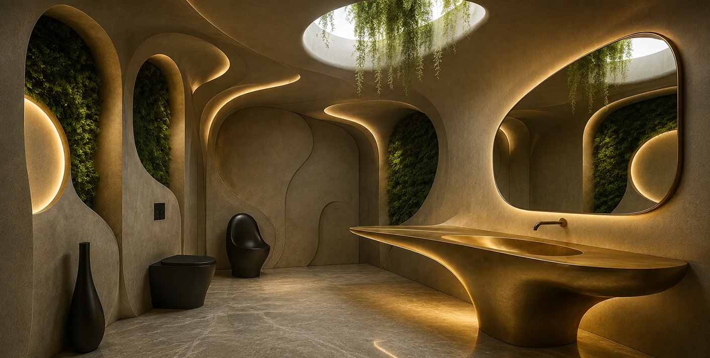 Architectural restroom design concept with sculptural fixtures