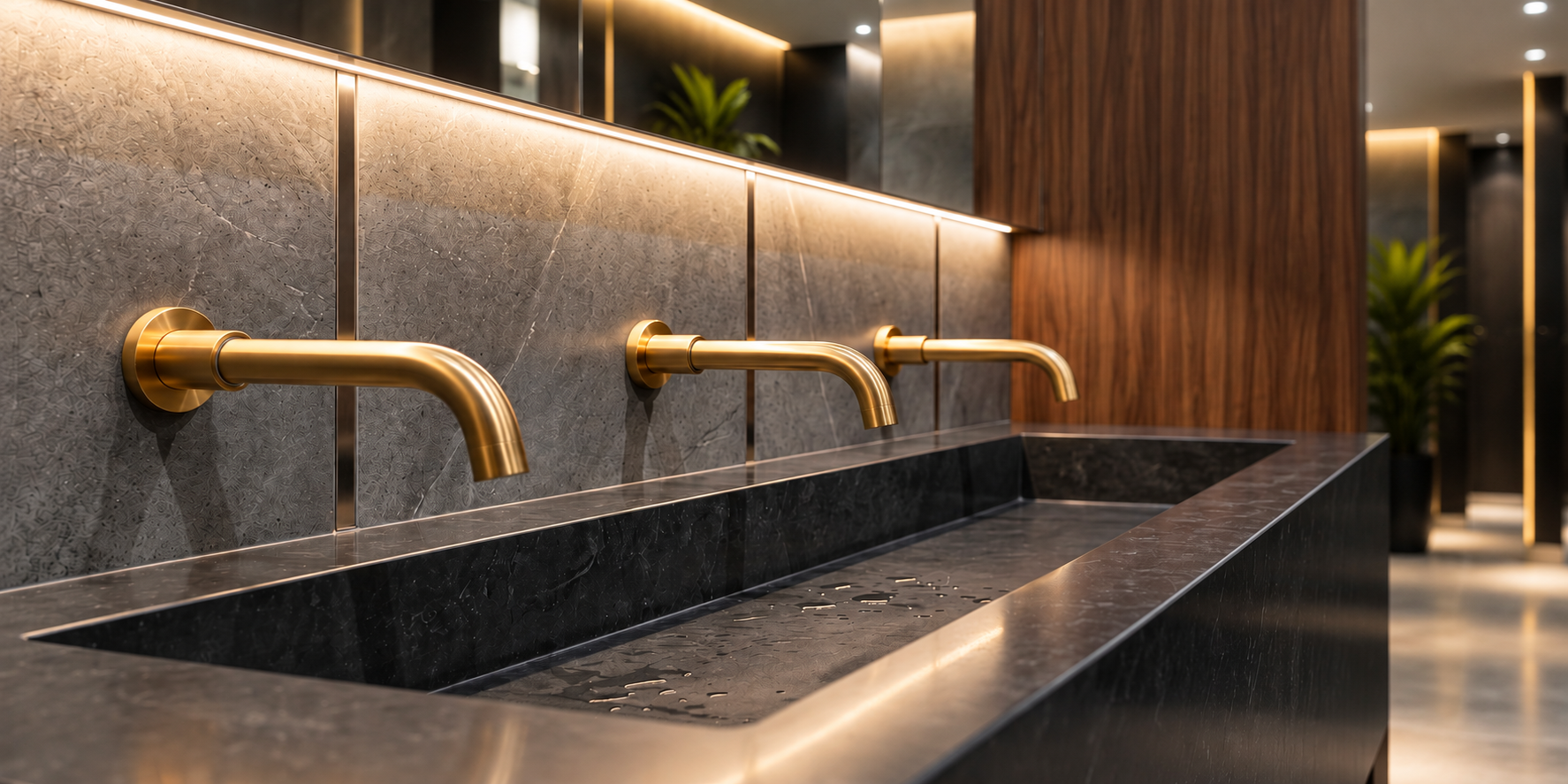 Accessible commercial restroom with multiple lavatories, faucets, mirrors, soap dispensers and grab bars
